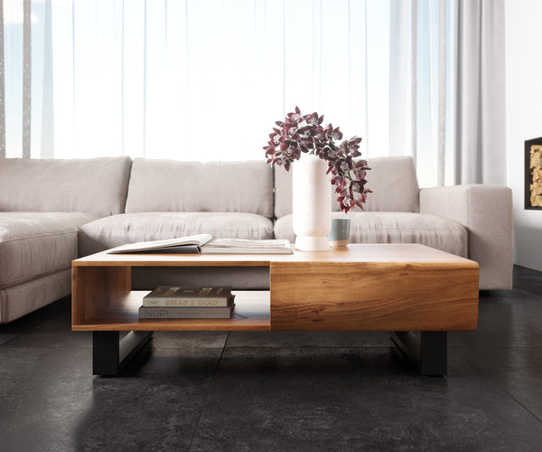 Coffee Table New Live-Edge 115cm 2 Drawers 1 Compartment Acacia Wood Natural Square Feet Black