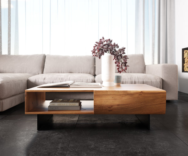 Coffee Table New Live-Edge 115cm 2 Drawers 1 Compartment Acacia Wood Natural Narrow Feet Black