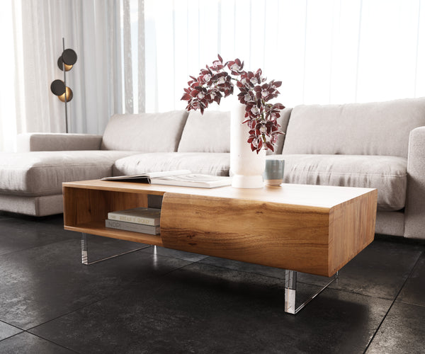 Coffee Table New Live-Edge 115cm 2 Drawers 1 Compartment Acacia Wood Natural Acryl Feet