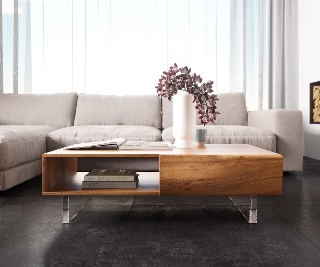 Coffee Table New Live-Edge 115cm 2 Drawers 1 Compartment Acacia Wood Natural Acryl Feet