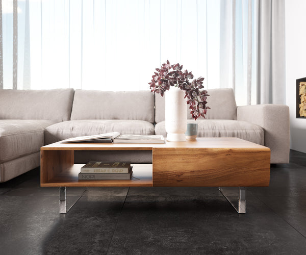 Coffee Table New Live-Edge 115cm 2 Drawers 1 Compartment Acacia Wood Natural Acryl Feet