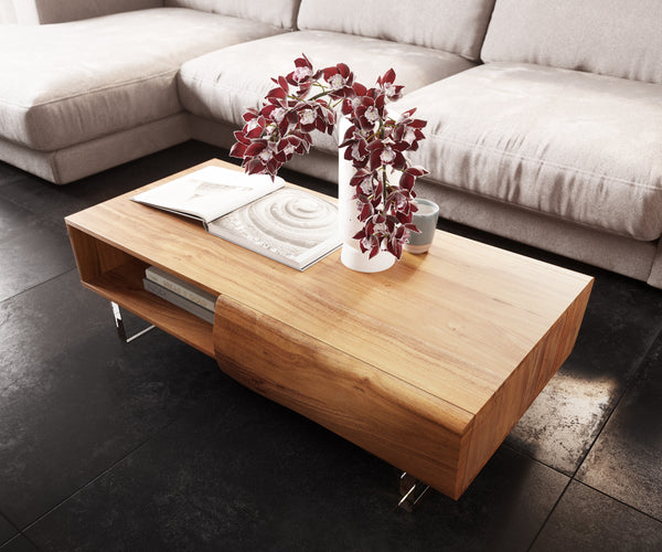 Coffee Table New Live-Edge 115cm 2 Drawers 1 Compartment Acacia Wood Natural Acryl Feet