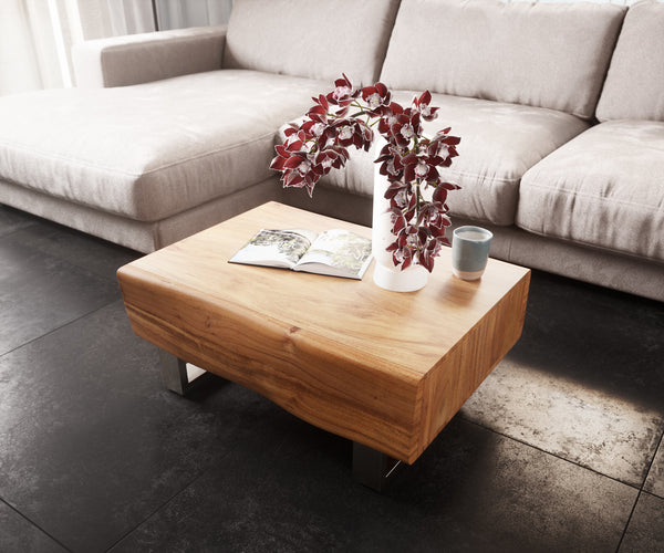 Coffee Table New Live-Edge 80cm 2 Drawers Acacia Wood Natural Square Feet Silver