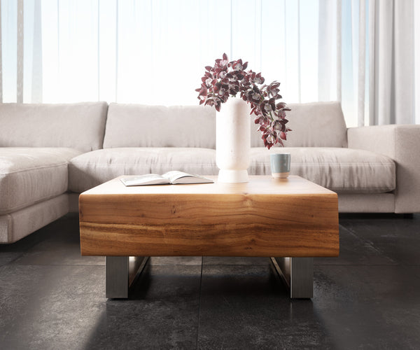 Coffee Table New Live-Edge 80cm 2 Drawers Acacia Wood Natural Square Feet Silver
