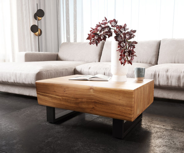 Coffee Table New Live-Edge 80cm 2 Drawers Acacia Wood Natural Square Feet Black