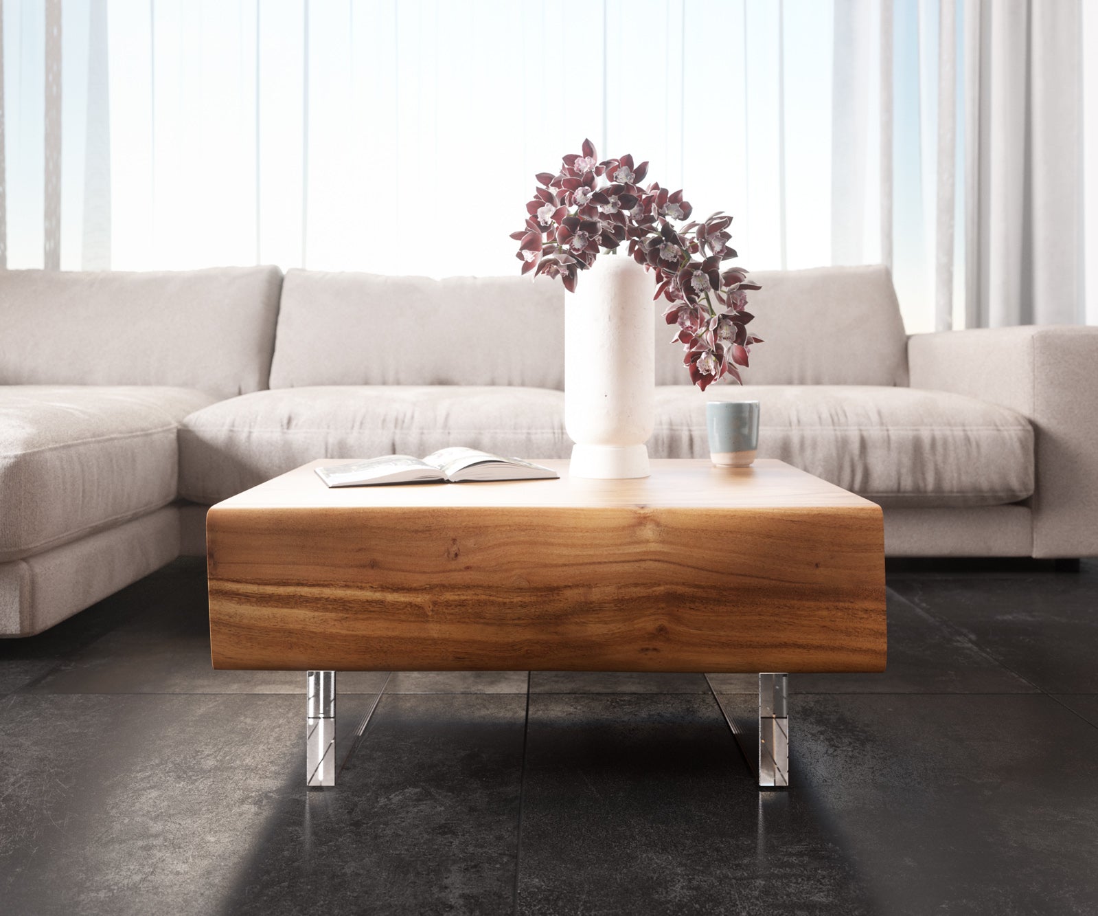 Coffee Table New Live-Edge 80cm 2 Drawers Acacia Wood Natural Acryl Feet