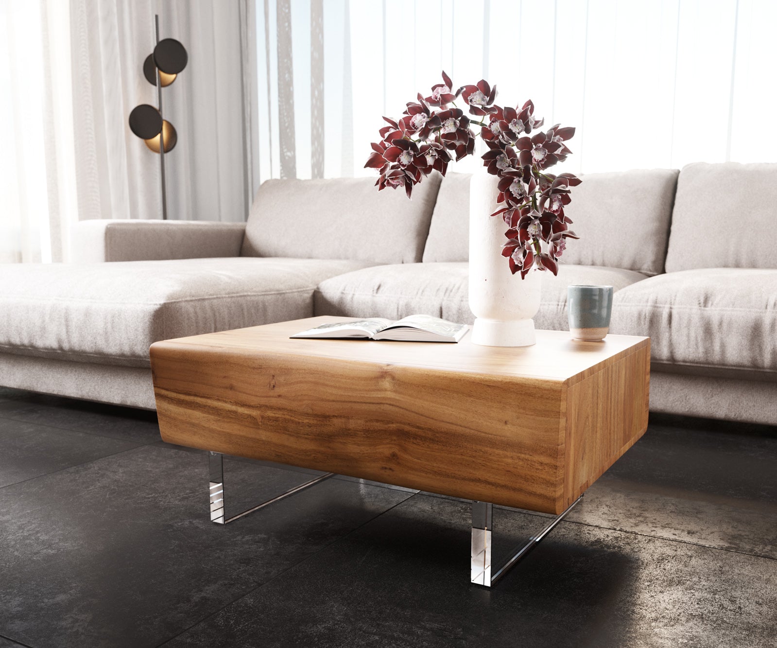 Coffee Table New Live-Edge 80cm 2 Drawers Acacia Wood Natural Acryl Feet