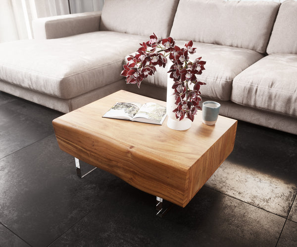 Coffee Table New Live-Edge 80cm 2 Drawers Acacia Wood Natural Acryl Feet