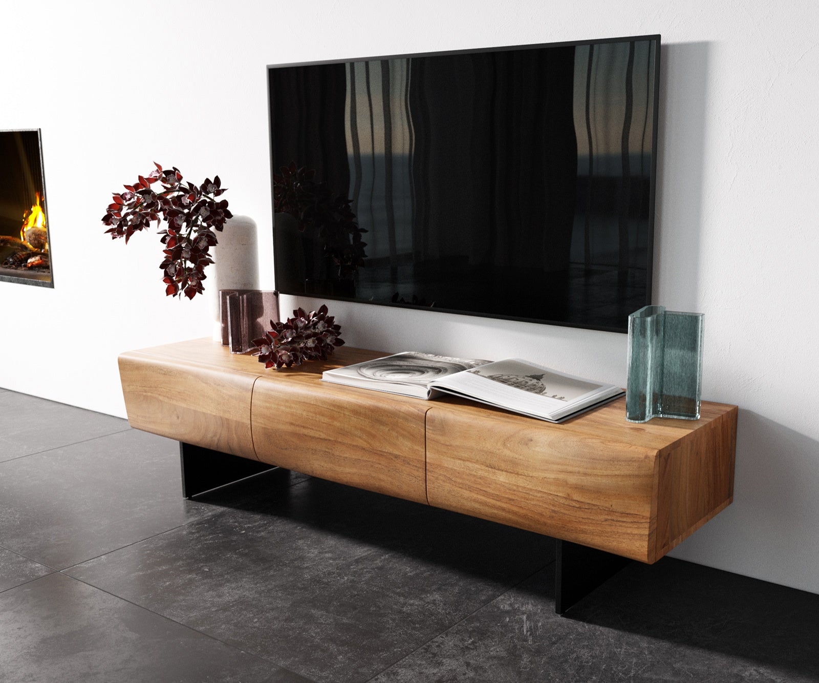 TV Stand New Live-Edge 145cm 3 Doors Acacia Wood Natural Narrow Feet Black