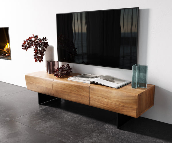 TV Stand New Live-Edge 145cm 3 Doors Acacia Wood Natural Narrow Feet Black