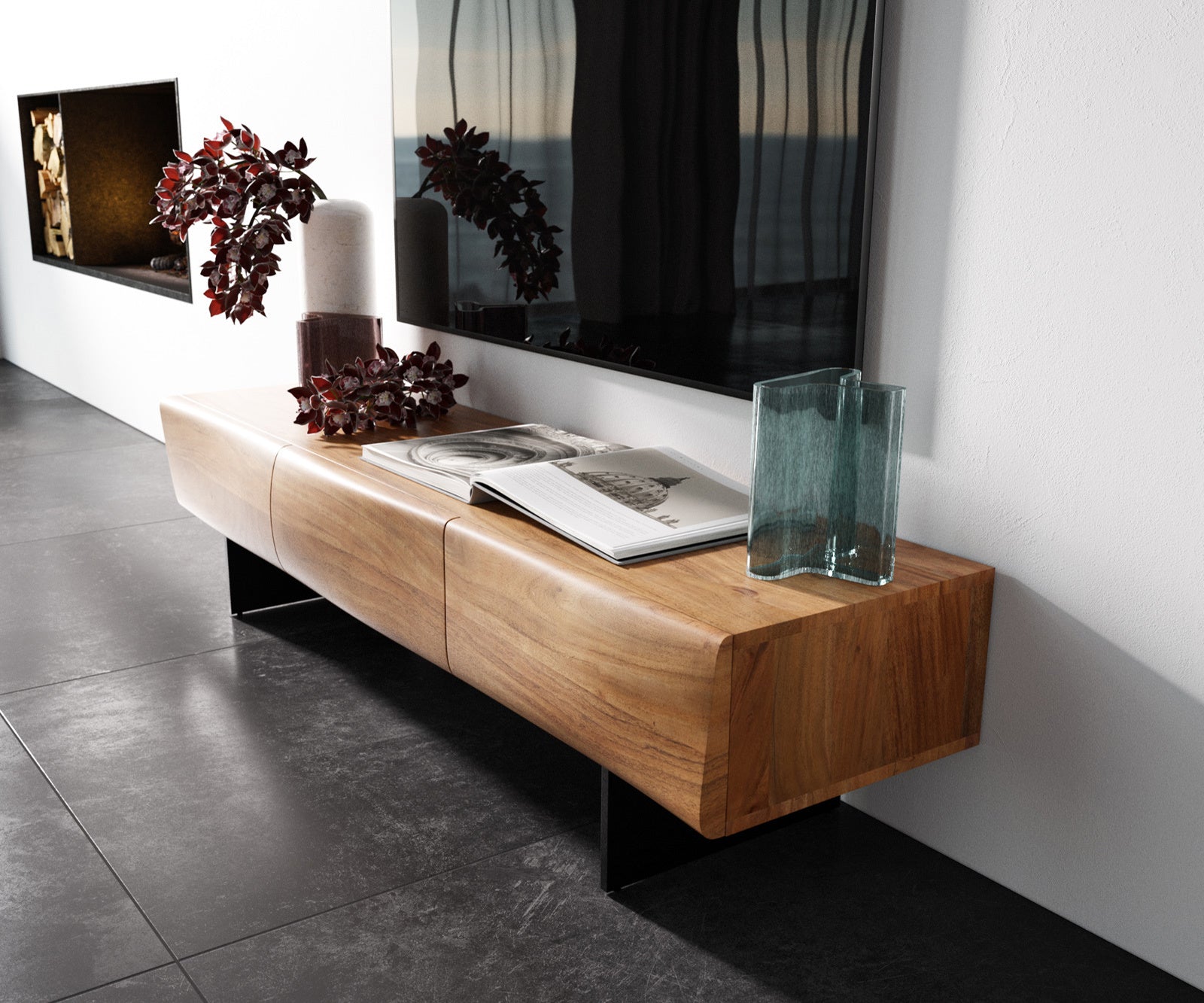 TV Stand New Live-Edge 145cm 3 Doors Acacia Wood Natural Narrow Feet Black