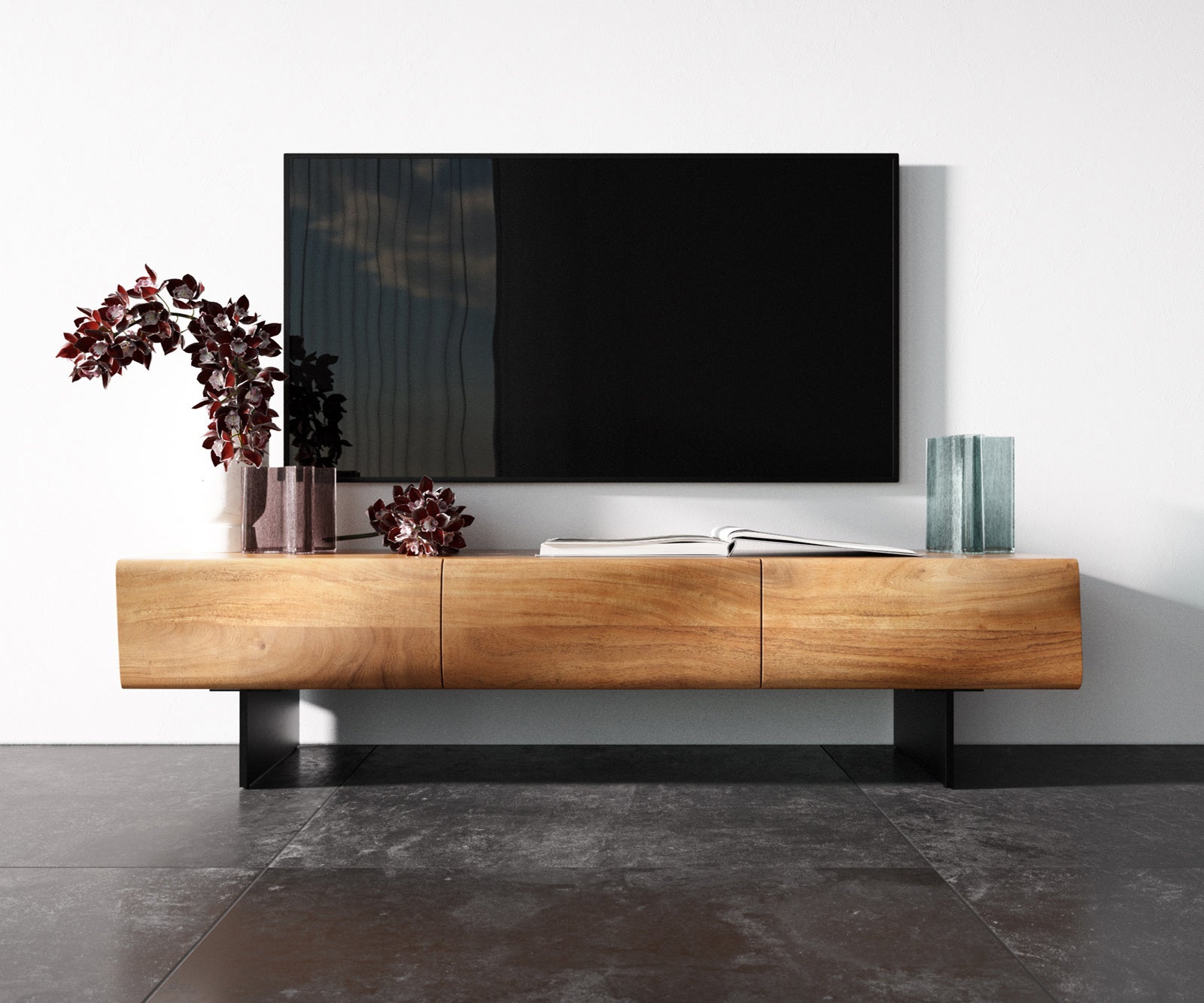 TV Stand New Live-Edge 145cm 3 Doors Acacia Wood Natural Narrow Feet Black