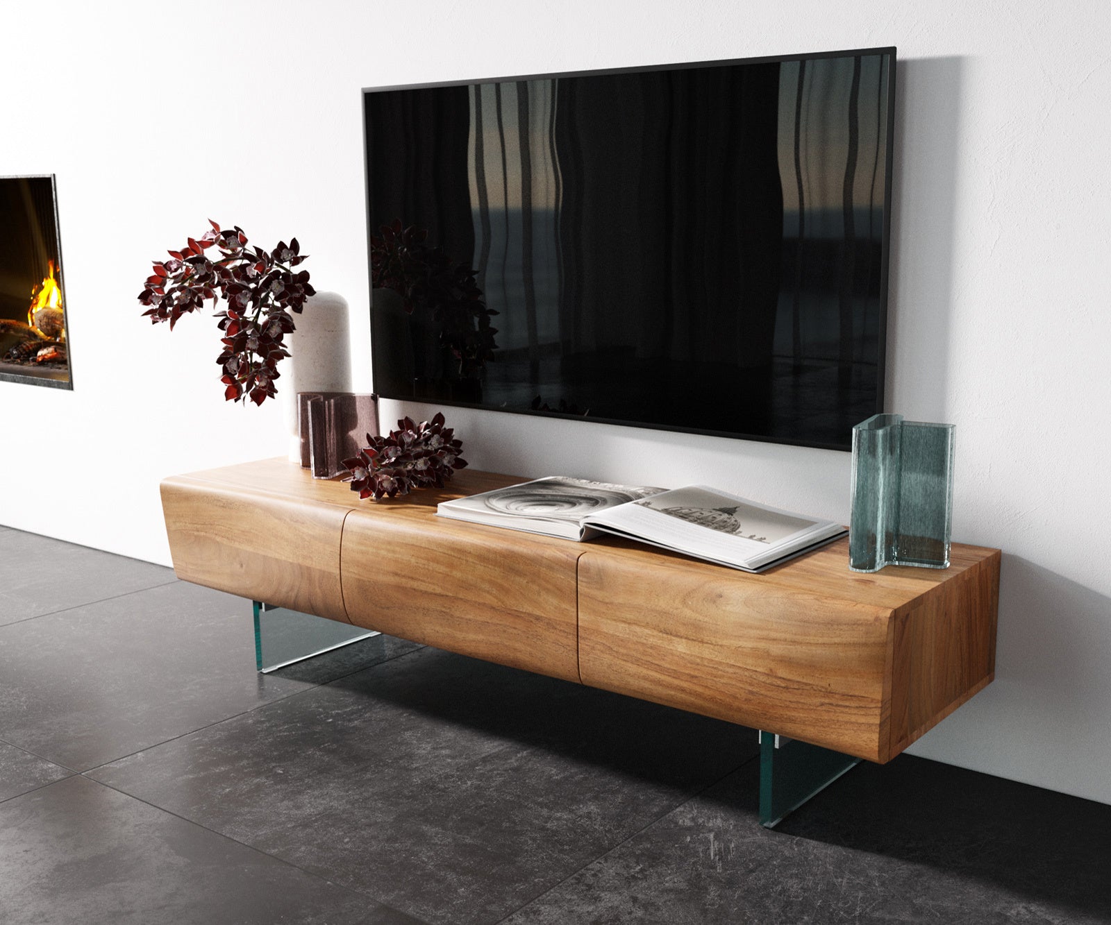 TV Stand New Live-Edge 145cm 3 Doors Acacia Wood Natural Glass Feet