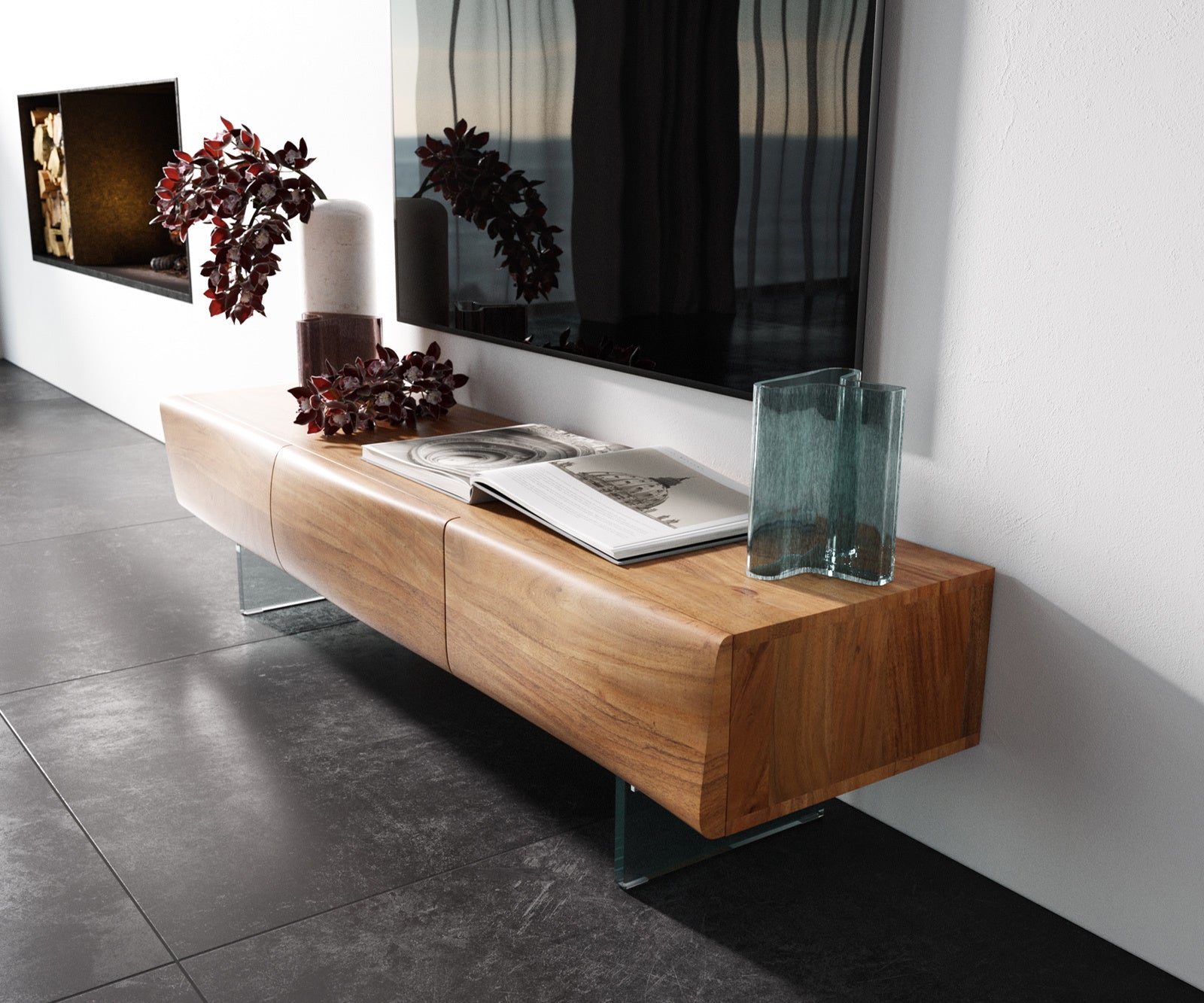 TV Stand New Live-Edge 145cm 3 Doors Acacia Wood Natural Glass Feet