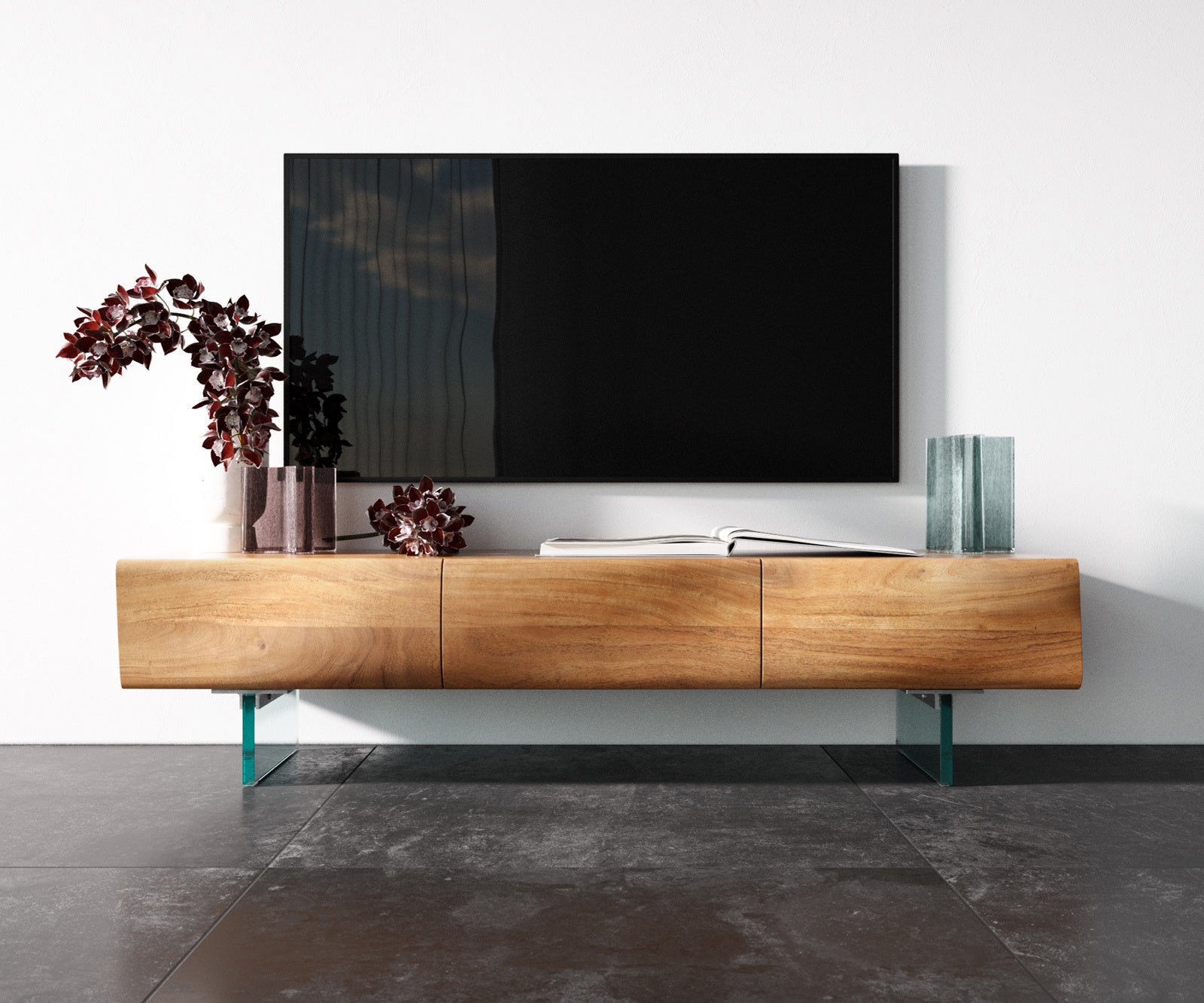 TV Stand New Live-Edge 145cm 3 Doors Acacia Wood Natural Glass Feet