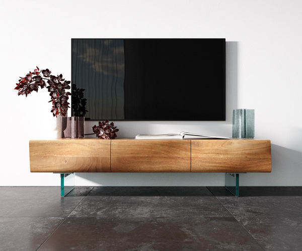 TV Stand New Live-Edge 145cm 3 Doors Acacia Wood Natural Glass Feet