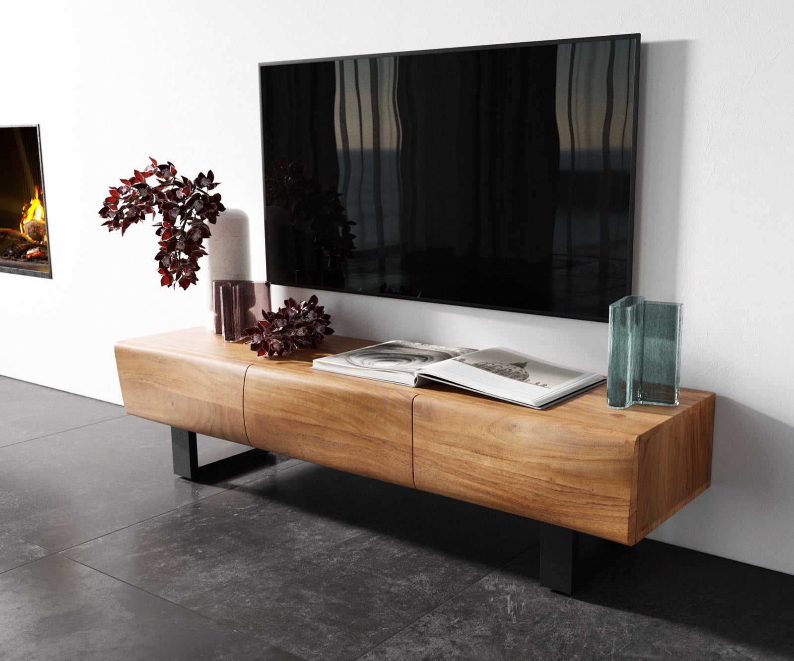 TV Stand New Live-Edge 145cm 3 Doors Acacia Wood Natural Square Feet Black
