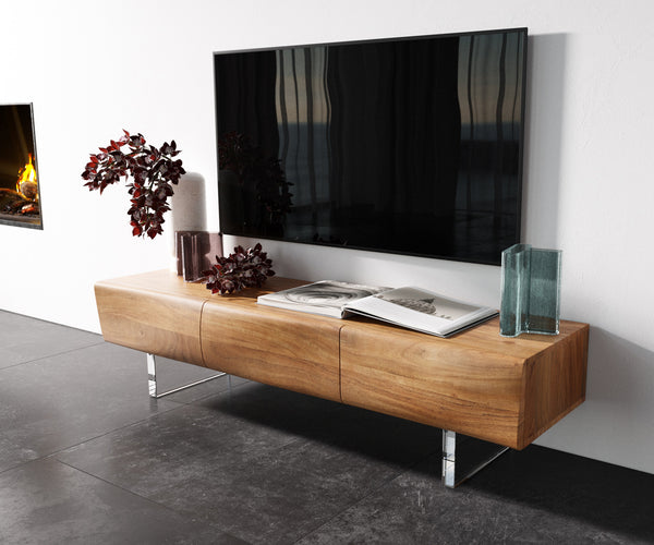 TV Stand New Live-Edge 145cm 3 Doors Acacia Wood Natural Acryl Feet