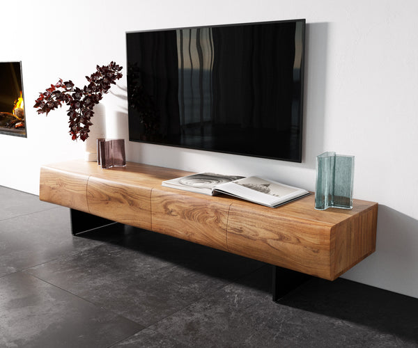 TV Stand New Live-Edge 175cm 4 Doors Acacia Wood Narrow Feet Black