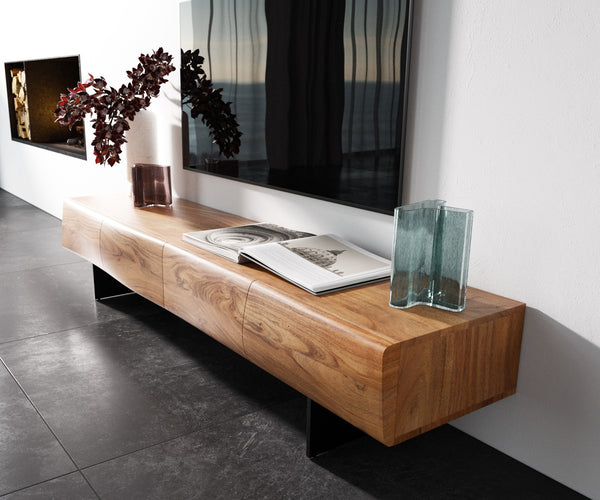 TV Stand New Live-Edge 175cm 4 Doors Acacia Wood Narrow Feet Black