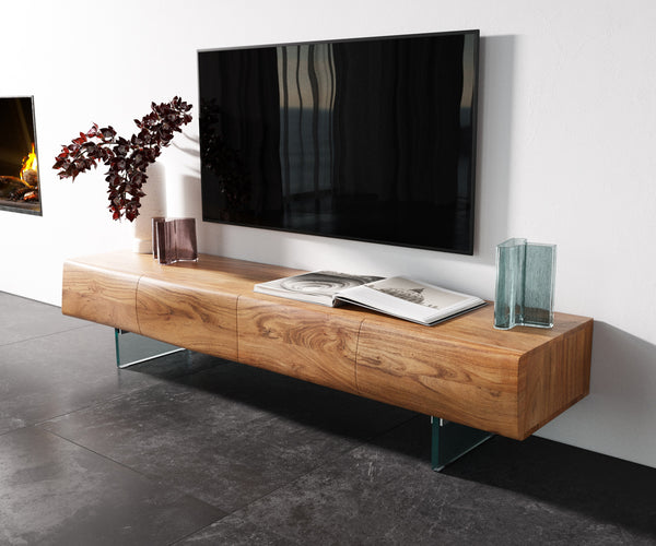 TV Stand New Live-Edge 175cm 4 Doors Acacia Wood Natural Glass Feet