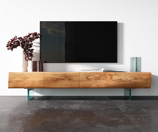 TV Stand New Live-Edge 175cm 4 Doors Acacia Wood Natural Glass Feet