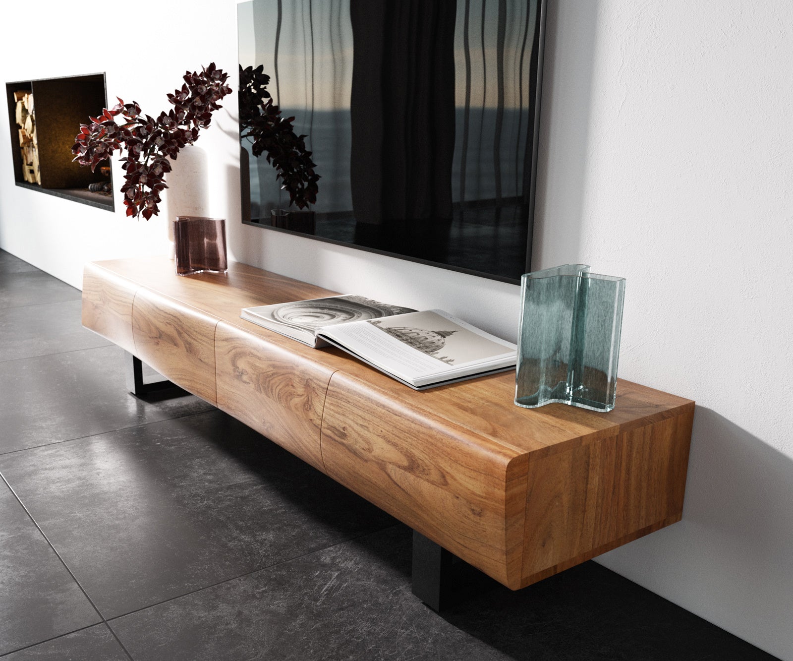 TV Stand New Live-Edge 175cm 4 Doors Acacia Wood Natural Square Feet Black