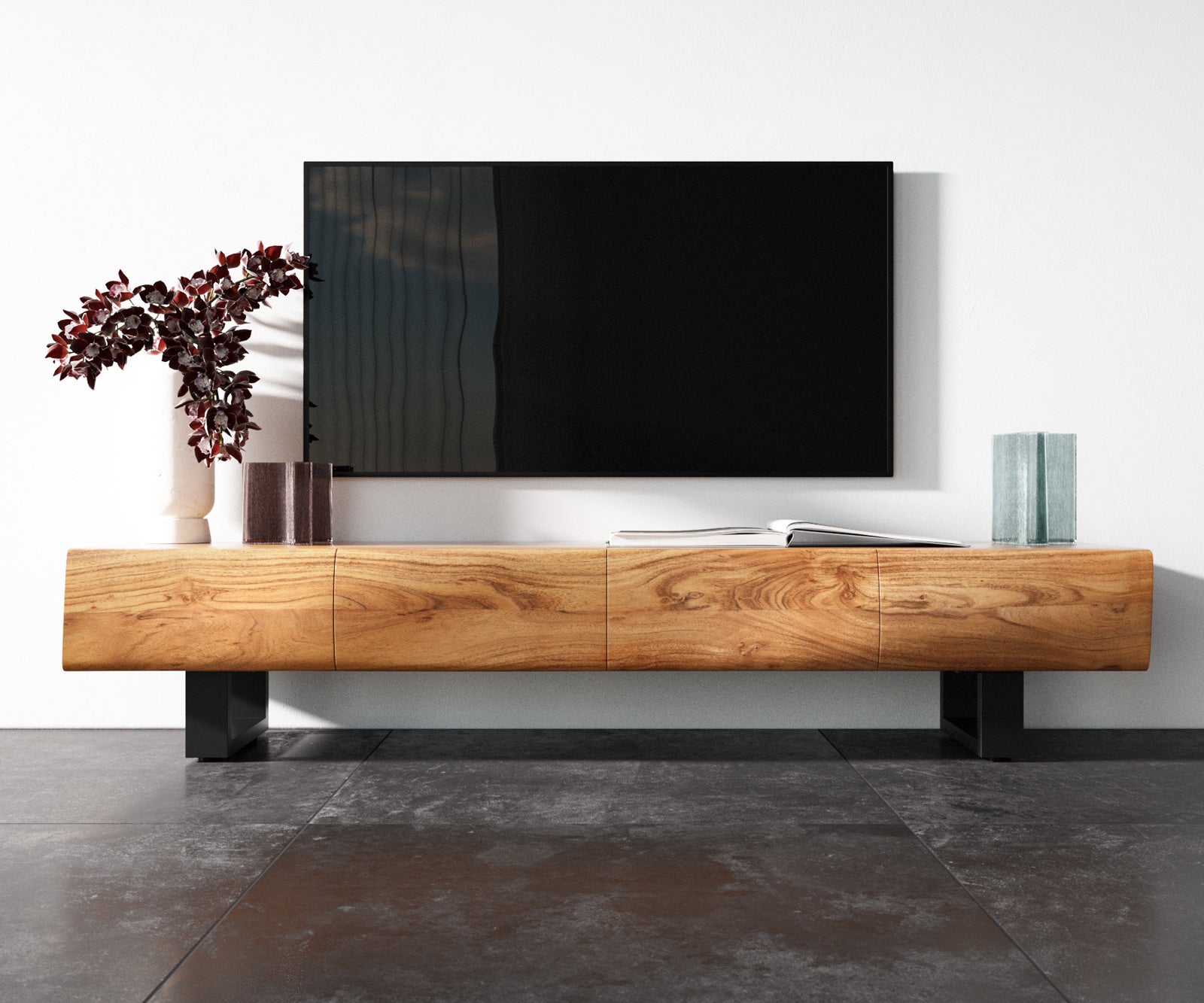 TV Stand New Live-Edge 175cm 4 Doors Acacia Wood Natural Square Feet Black