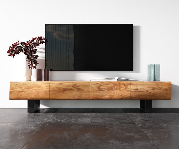 TV Stand New Live-Edge 175cm 4 Doors Acacia Wood Natural Square Feet Black