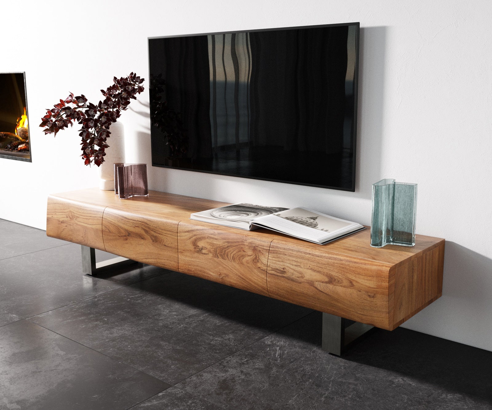 TV Stand New Live-Edge 175cm 4 Doors Acacia Wood Natural Square Feet Silver