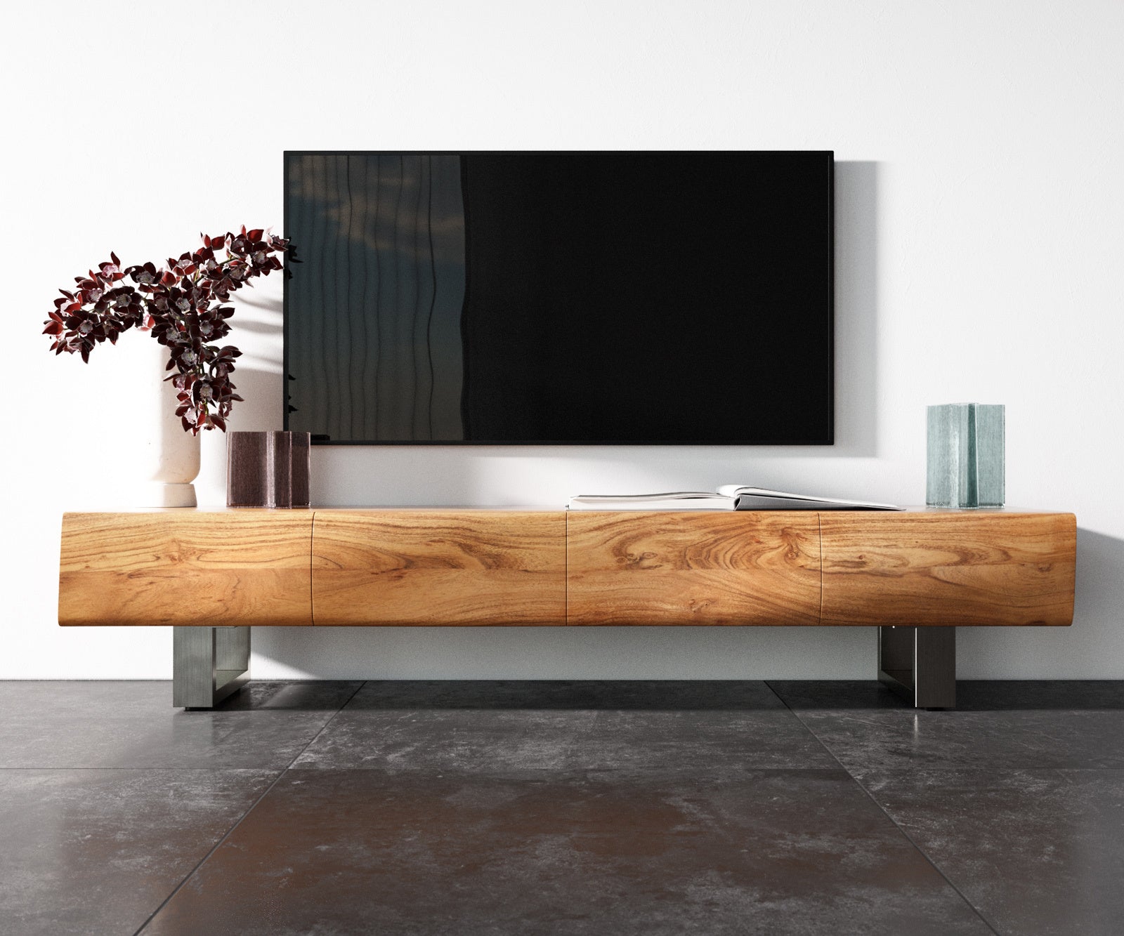 TV Stand New Live-Edge 175cm 4 Doors Acacia Wood Natural Square Feet Silver