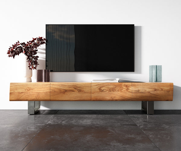 TV Stand New Live-Edge 175cm 4 Doors Acacia Wood Natural Square Feet Silver