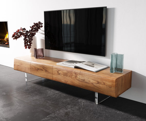TV Stand New Live-Edge 175cm 4 Doors Acacia Wood Natural Acryl Feet