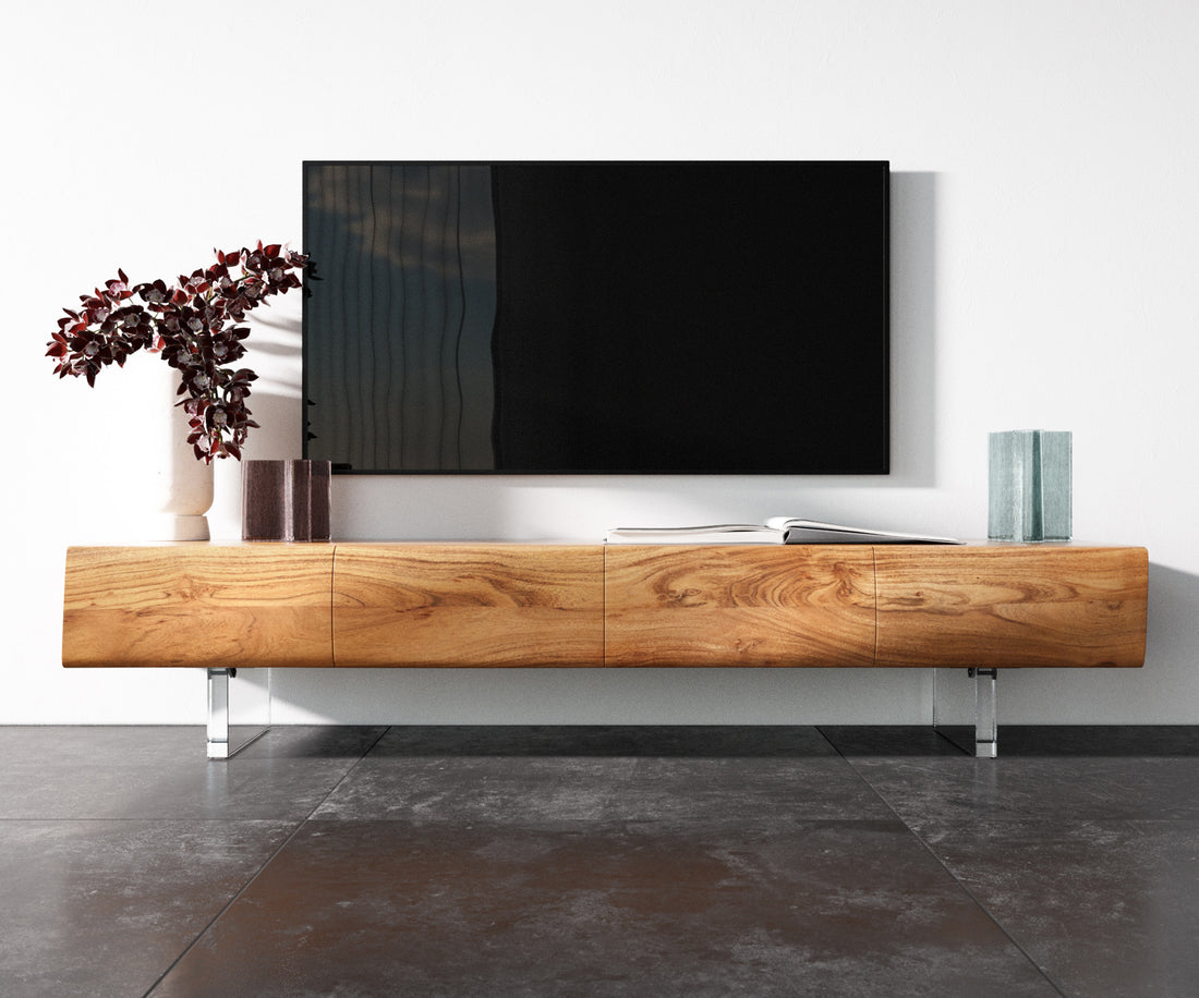 TV Stand New Live-Edge 175cm 4 Doors Acacia Wood Natural Acryl Feet