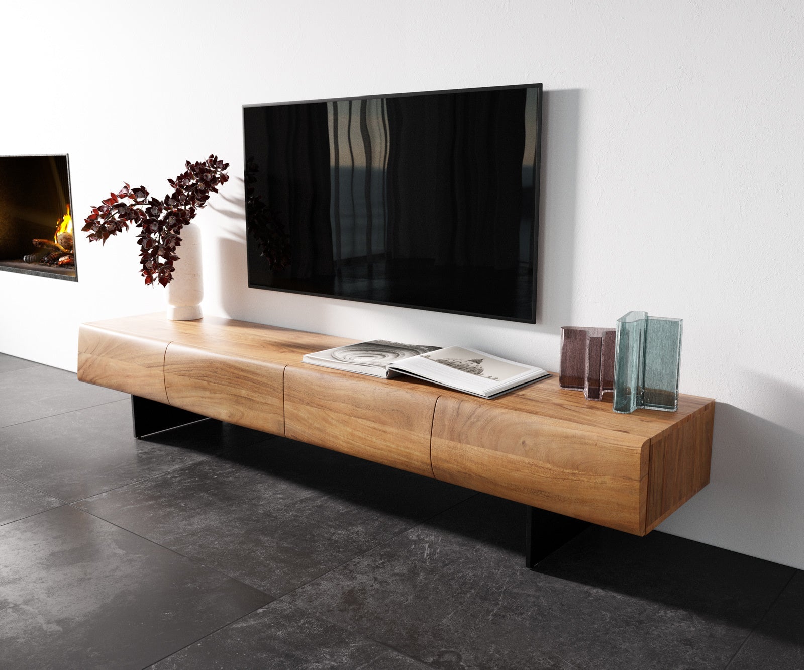 TV Stand New Live-Edge 200cm 4 Doors Acacia Wood Natural Narrow Feet Black