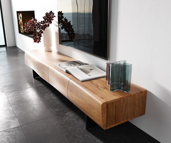 TV Stand New Live-Edge 200cm 4 Doors Acacia Wood Natural Narrow Feet Black