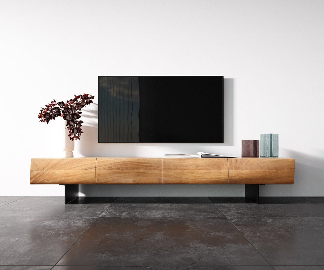 TV Stand New Live-Edge 200cm 4 Doors Acacia Wood Natural Narrow Feet Black