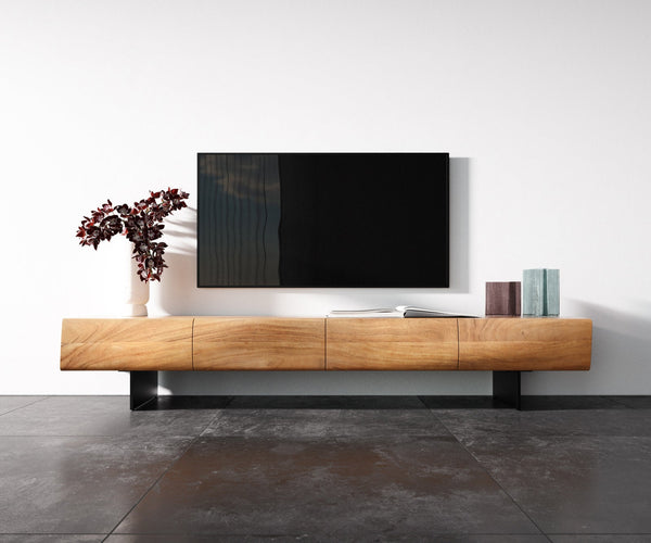 TV Stand New Live-Edge 200cm 4 Doors Acacia Wood Natural Narrow Feet Black
