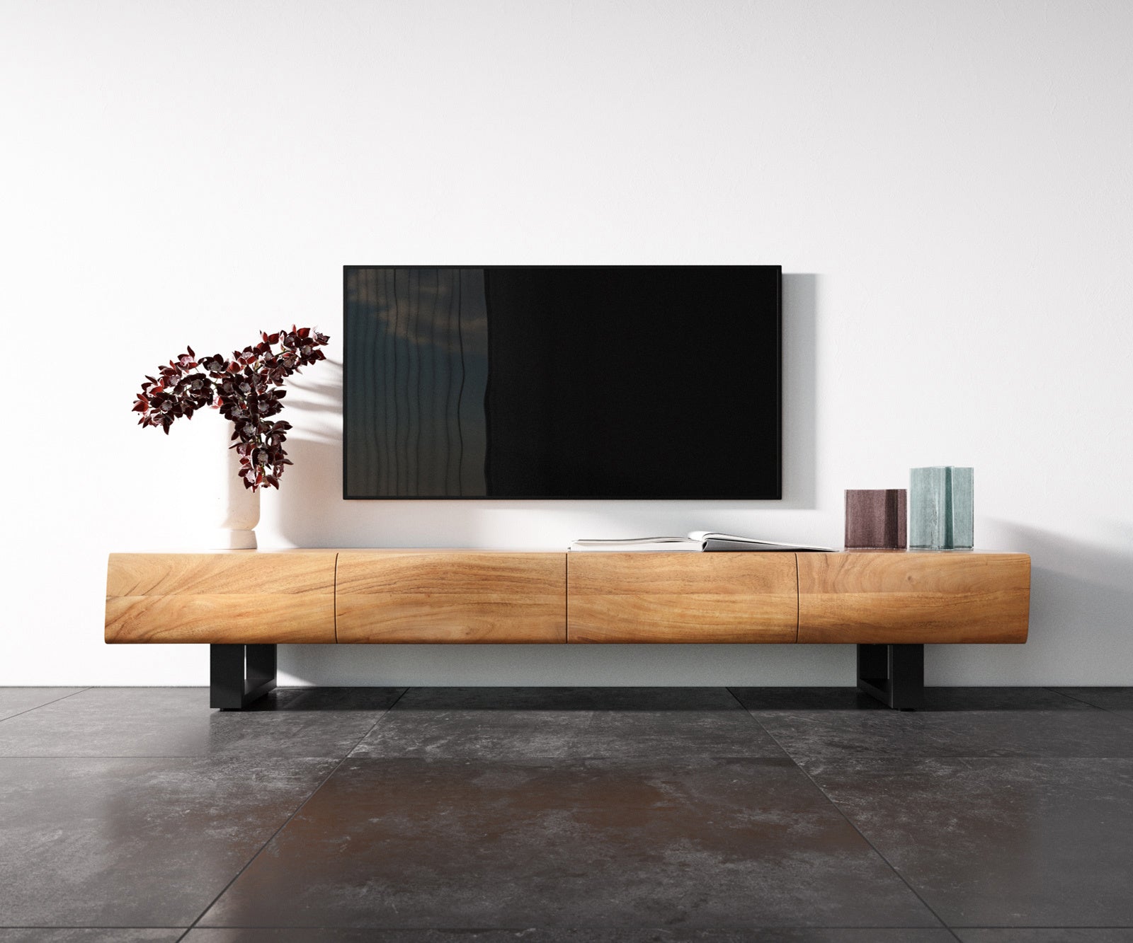 TV Stand New Live-Edge 200cm 4 Doors Acacia Wood Natural Square Feet Black
