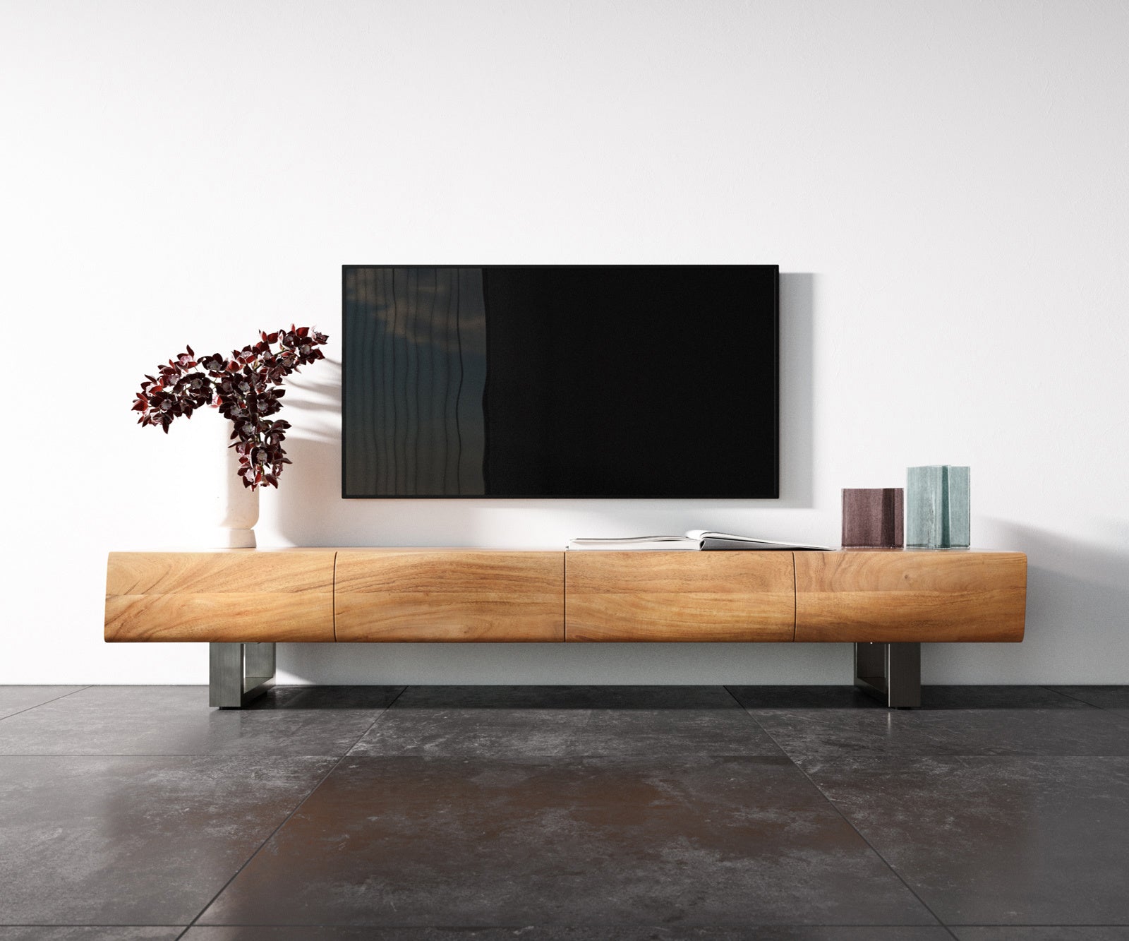 TV Stand New Live-Edge 200cm 4 Doors Acacia Wood Natural Square Feet Silver
