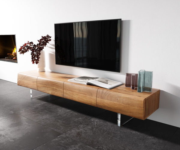 TV Stand New Live-Edge 200cm 4 Doors Acacia Wood Natural Acryl Feet