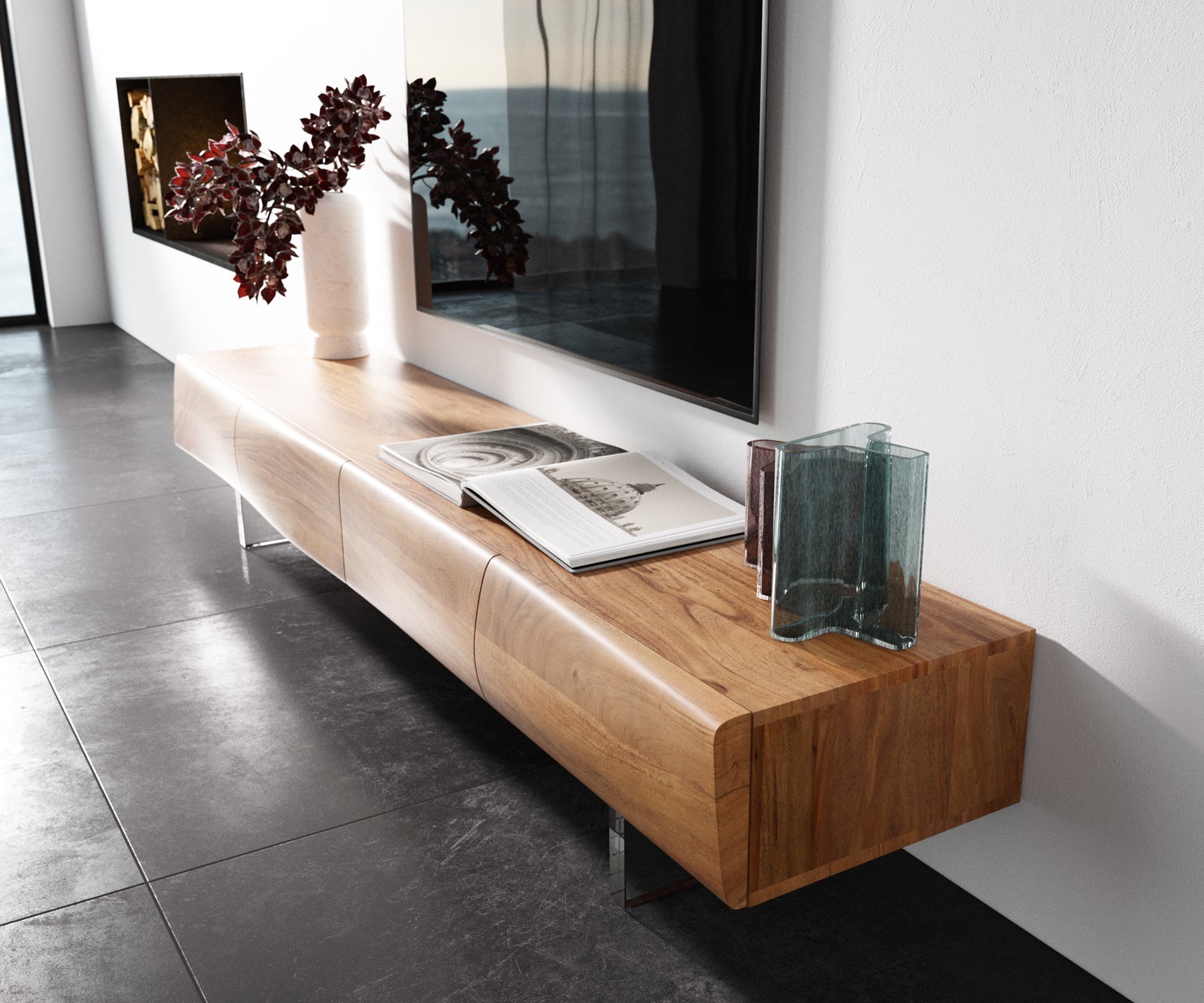 TV Stand New Live-Edge 200cm 4 Doors Acacia Wood Natural Acryl Feet