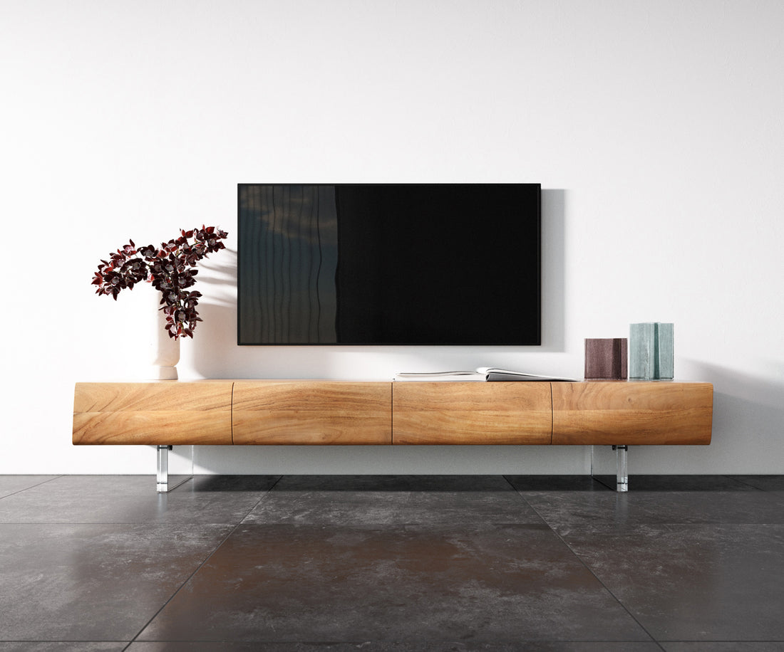 TV Stand New Live-Edge 200cm 4 Doors Acacia Wood Natural Acryl Feet