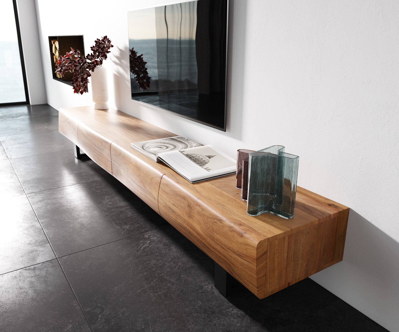 TV Stand New Live-Edge 240cm 4 Drawers Acacia Wood Natural Square Feet Black