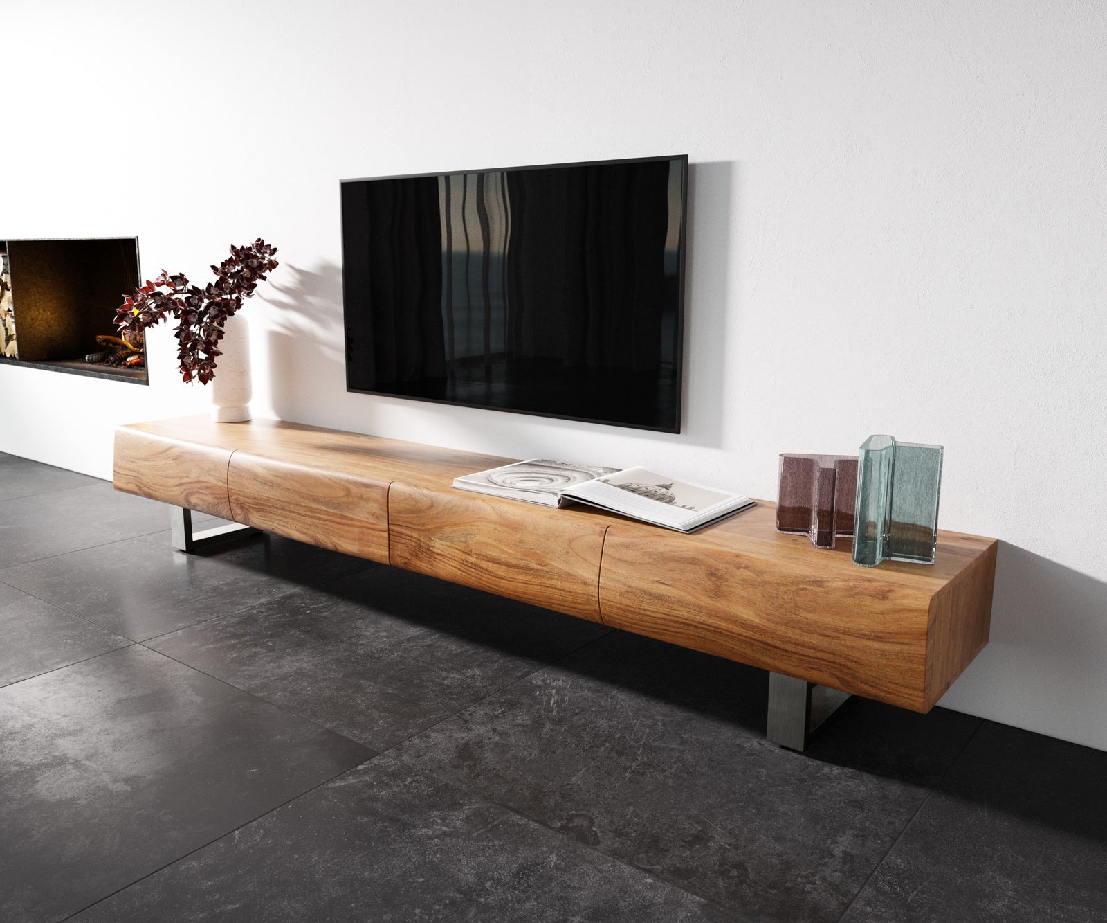 TV Stand New Live-Edge 240cm 4 Drawers Acacia Wood Natural Square Feet Silver
