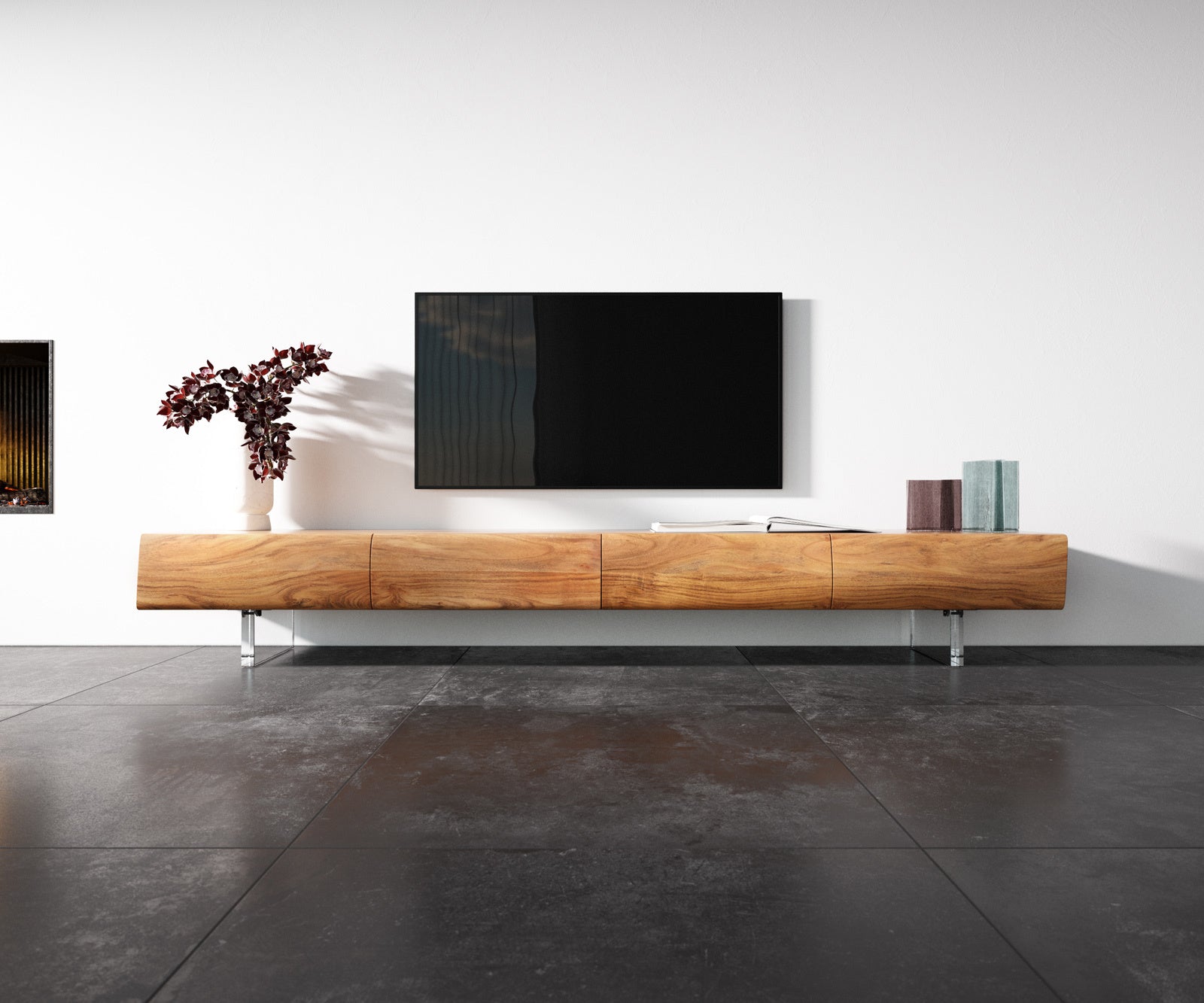 TV Stand New Live-Edge 240cm 4 Drawers Acacia Wood Natural Acryl Feet