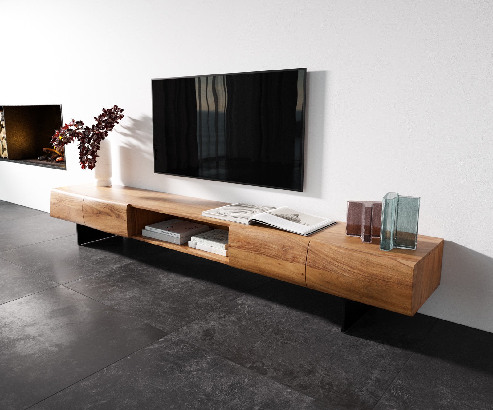 TV Stand New Live-Edge 240cm 4 Doors 1 Compartment Acacia Wood Natural Narrow Feet Black