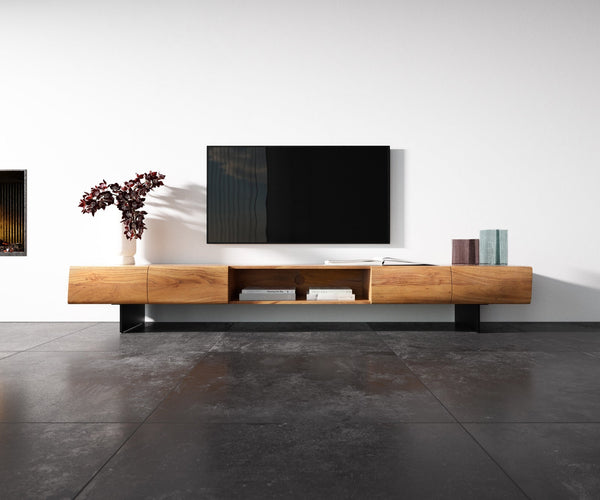 TV Stand New Live-Edge 240cm 4 Doors 1 Compartment Acacia Wood Natural Narrow Feet Black