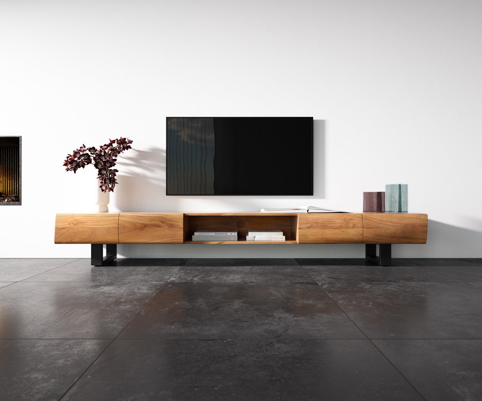 TV Stand New Live-Edge 240cm 4 Doors 1 Compartment Acacia Wood Natural Square Feet Black