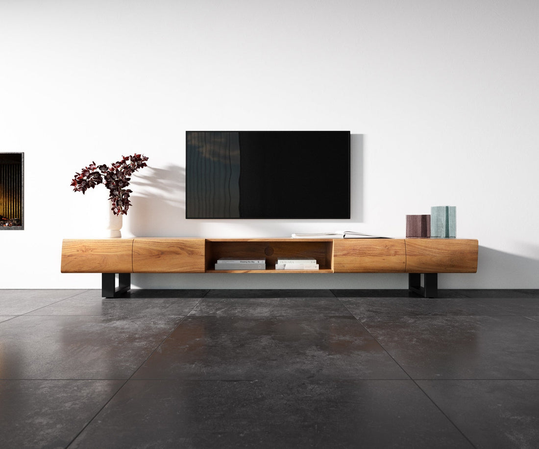 TV Stand New Live-Edge 240cm 4 Doors 1 Compartment Acacia Wood Natural Square Feet Black